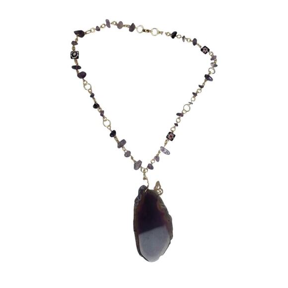 18k Gold Plated Agate Slice Bead Amethyst Chip Butterfly Millefiori Necklace - Picture 4 of 7